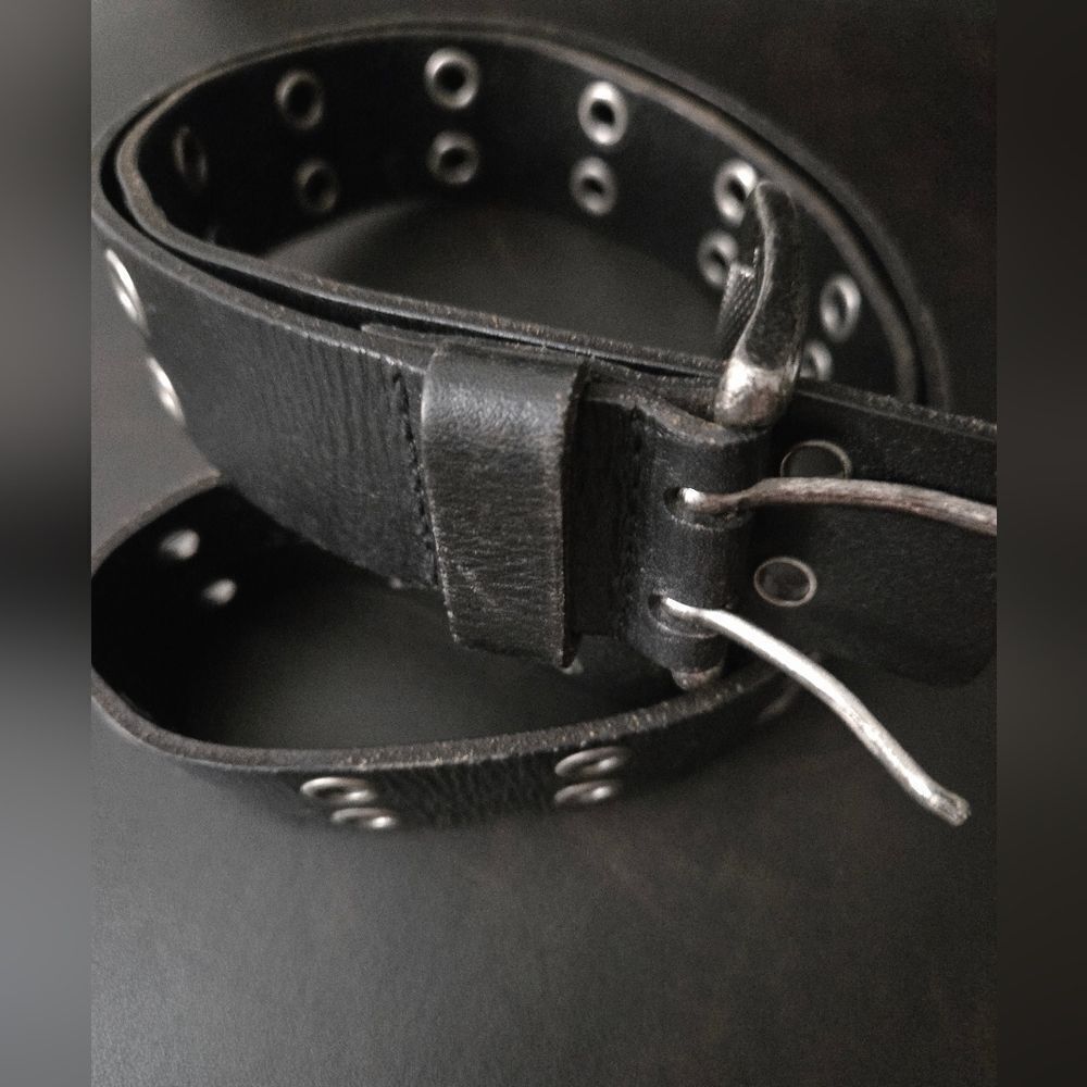 Men's Black Leather Belt with Silver Accents